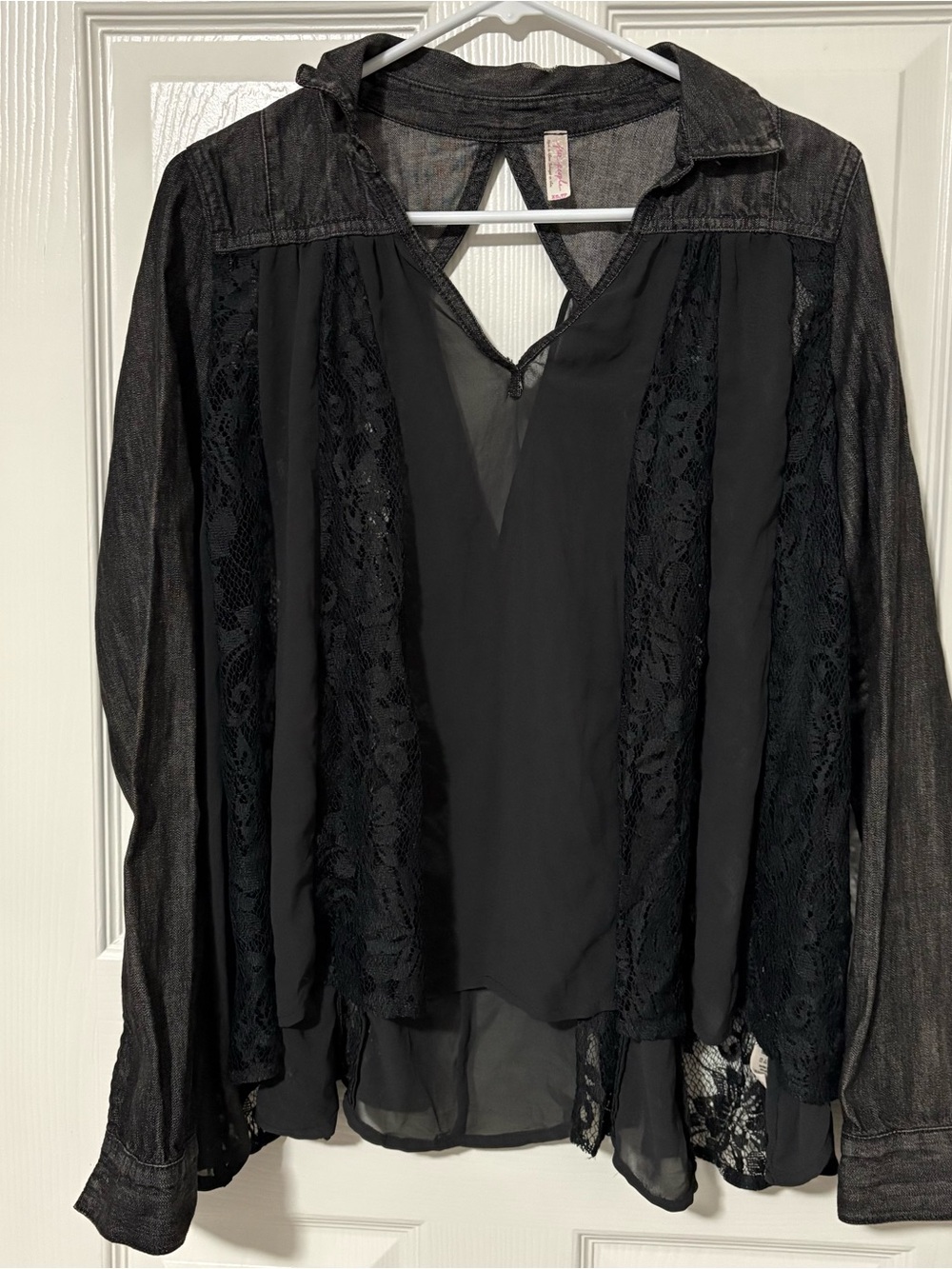 Free People Black Lace Panel Sheer Blouse